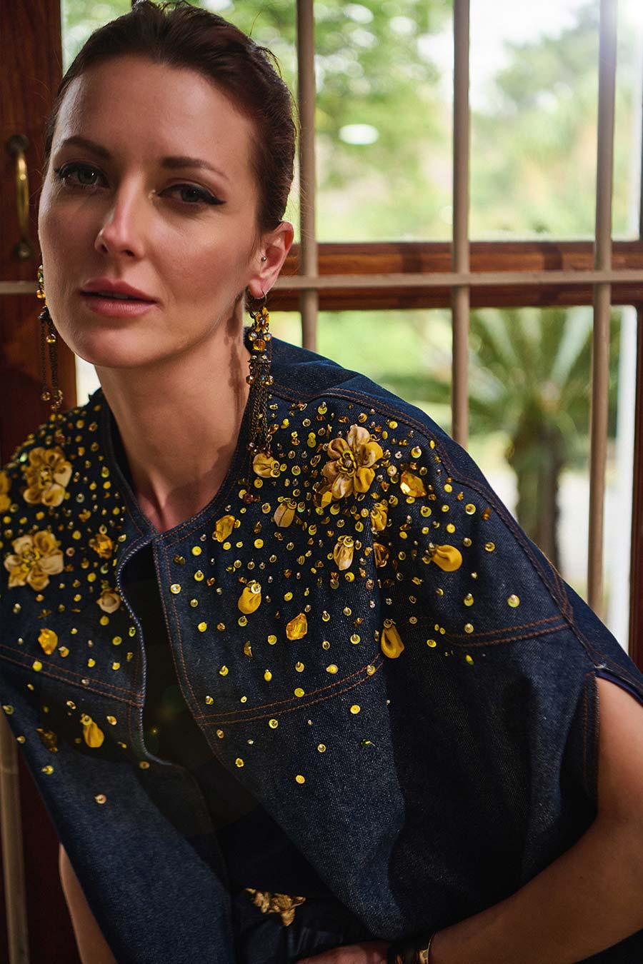 Blue Denim Yellow Pearl Embellished Cape