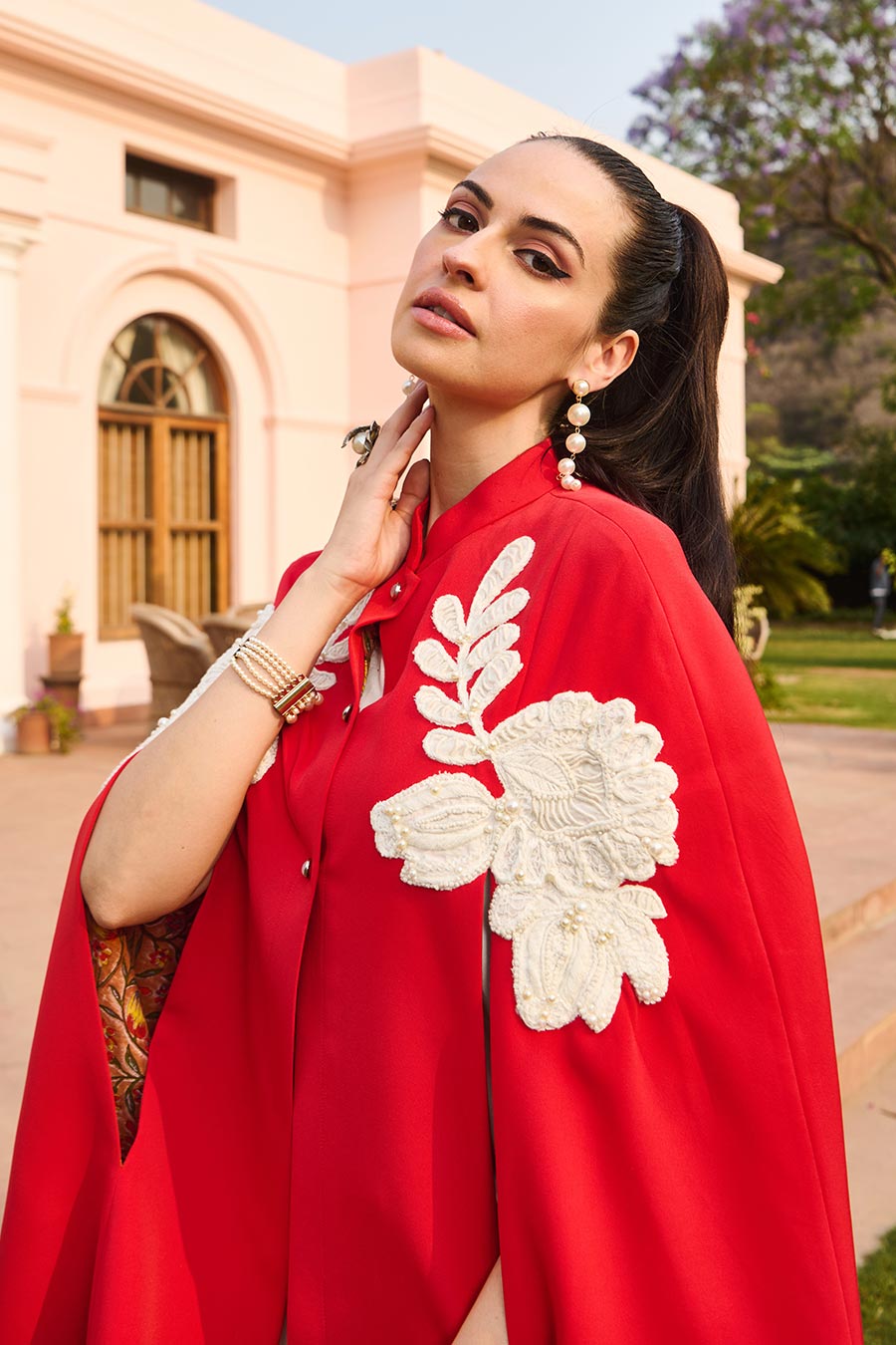 Red & White Pearl Embroidered Cape