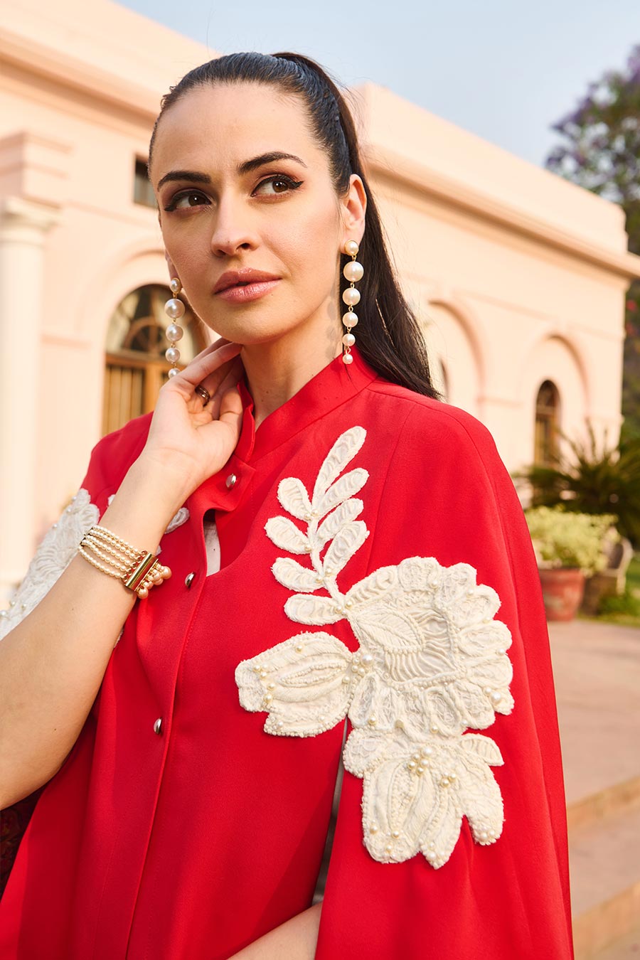 Red & White Pearl Embroidered Cape