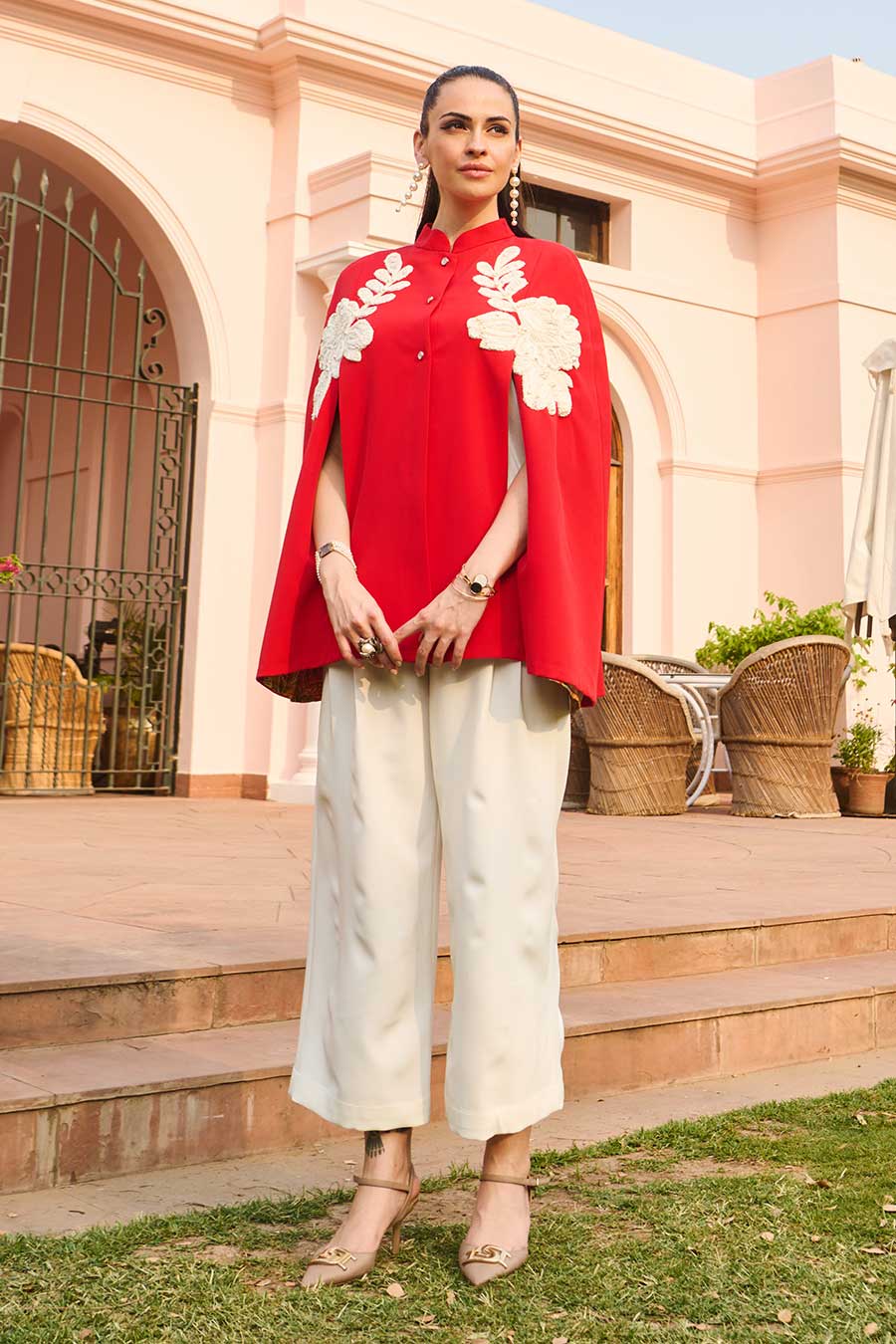 Red & White Pearl Embroidered Cape