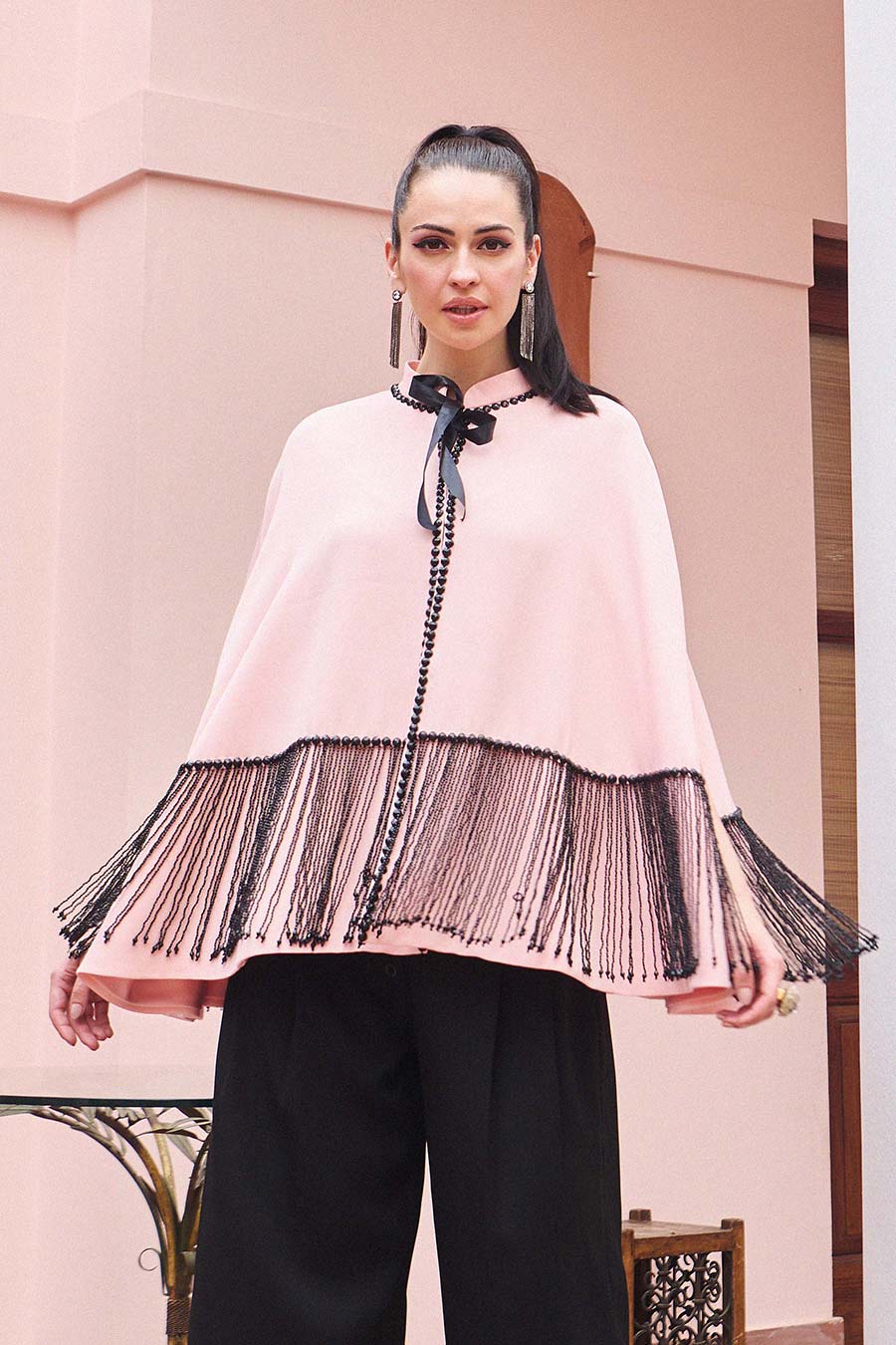 Black Pearl Strings Embellished Pink Cape