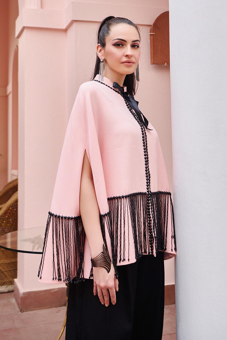Black Pearl Strings Embellished Pink Cape