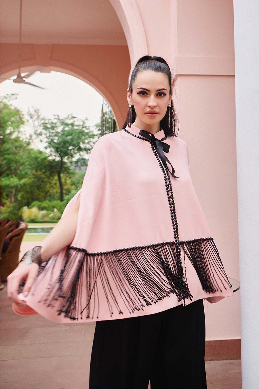 Black Pearl Strings Embellished Pink Cape