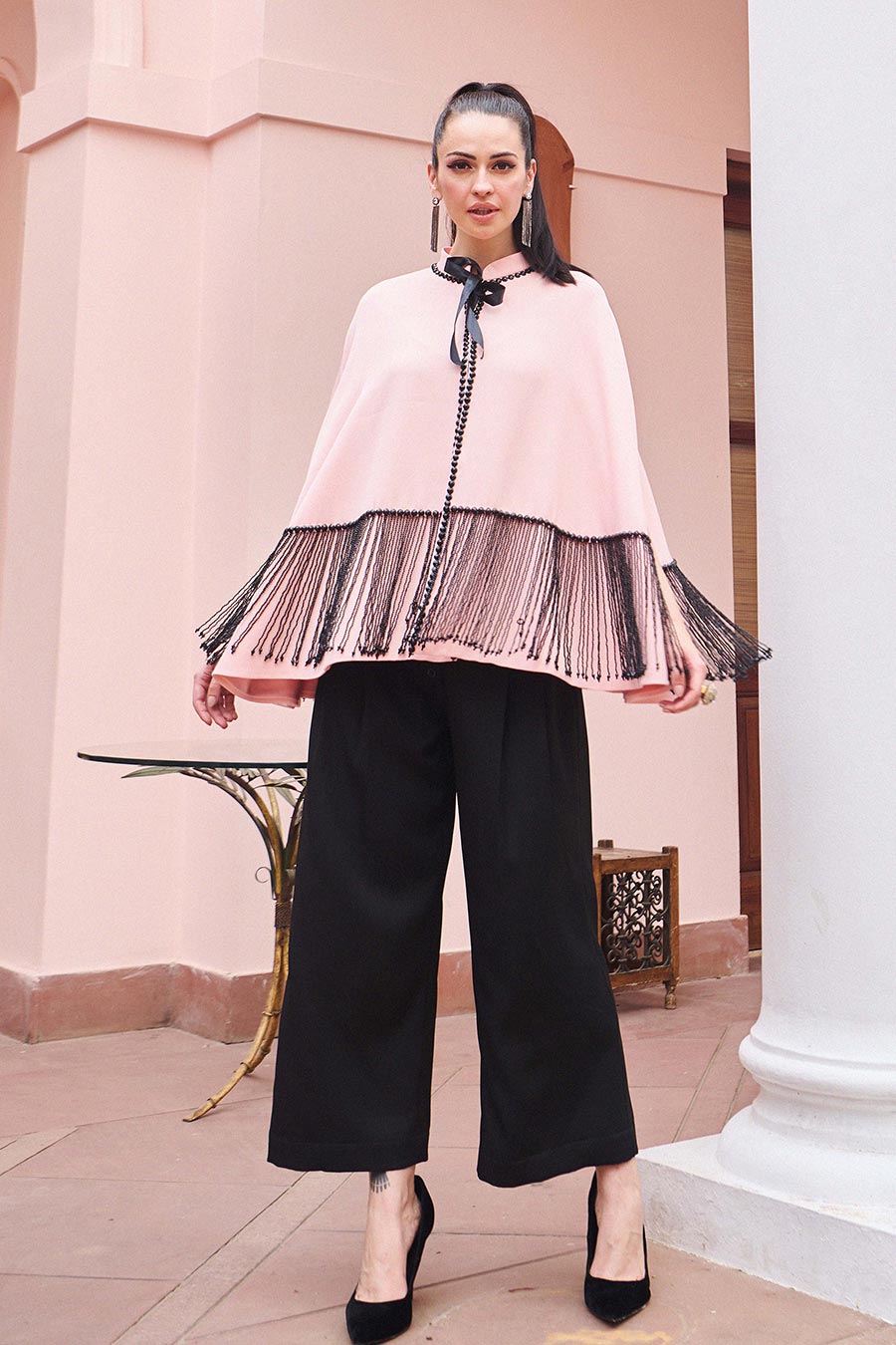 Black Pearl Strings Embellished Pink Cape