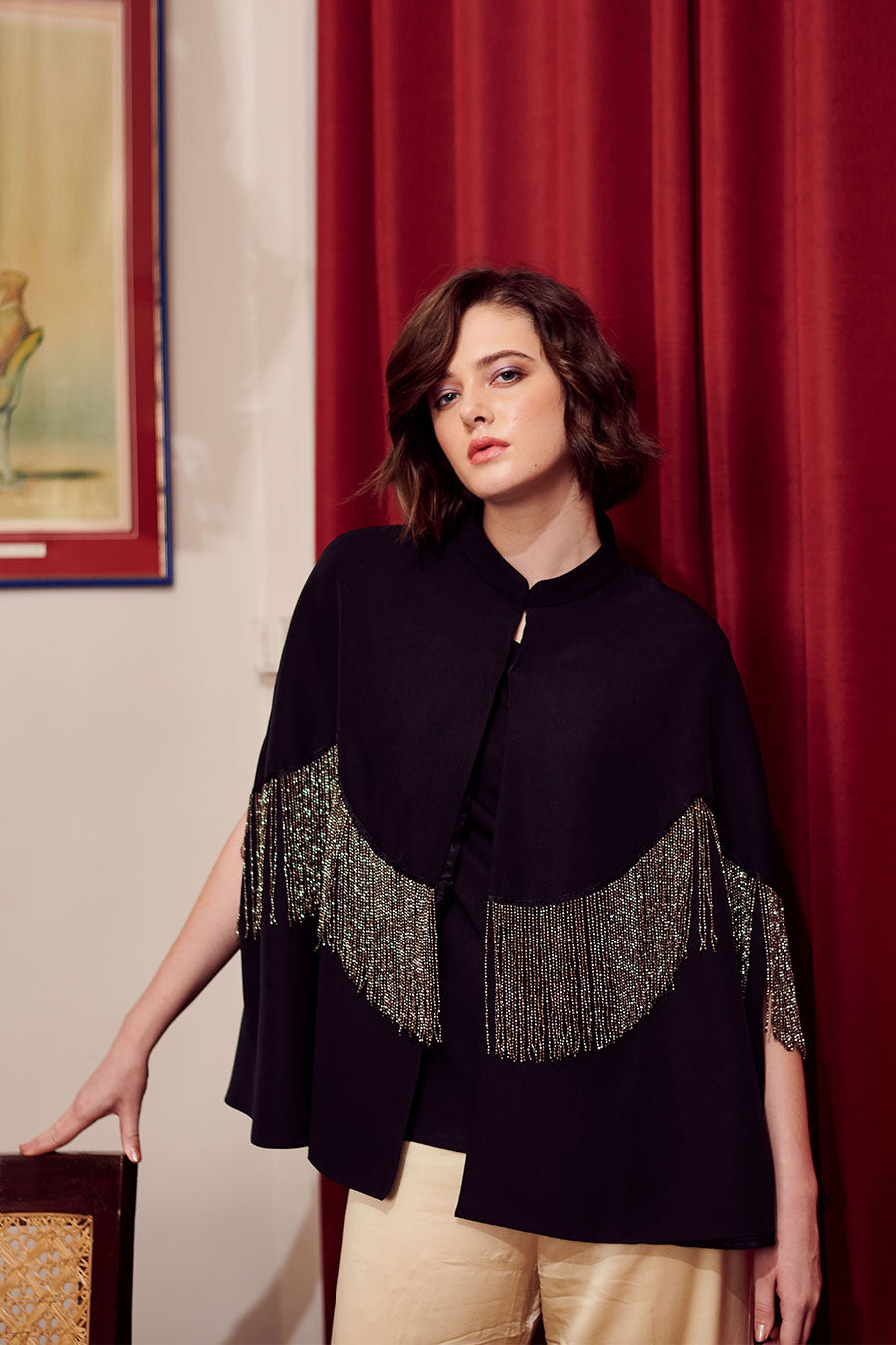 Carrie Black Embellished Cape