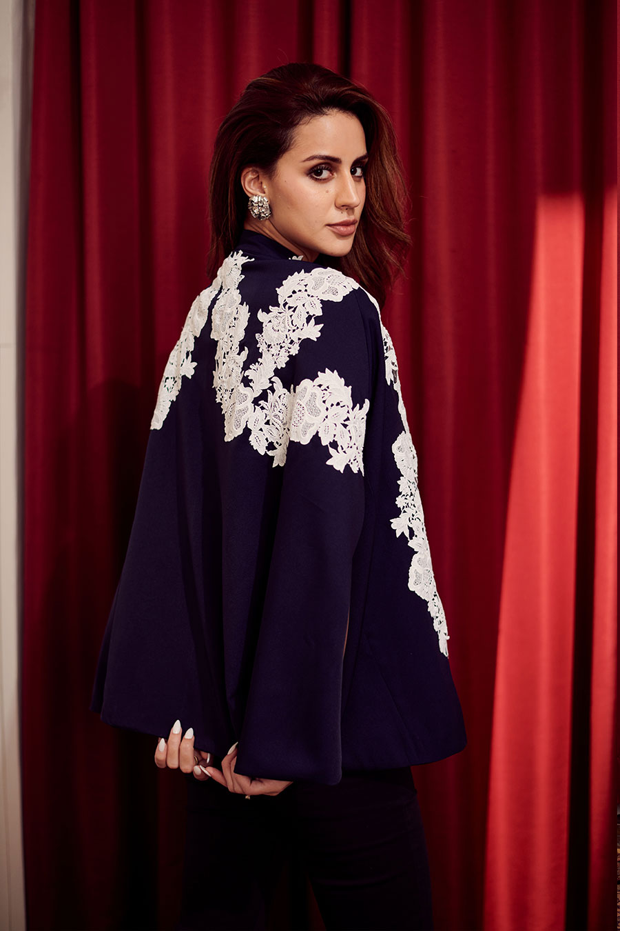 Nora Navy Blue Applique Embroidered Cape