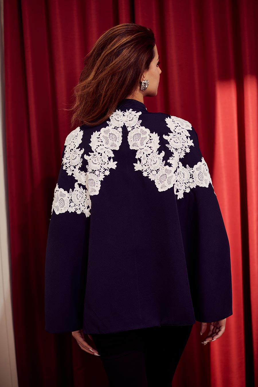 Nora Navy Blue Applique Embroidered Cape