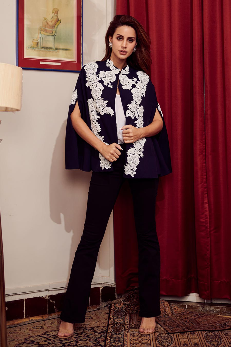 Nora Navy Blue Applique Embroidered Cape