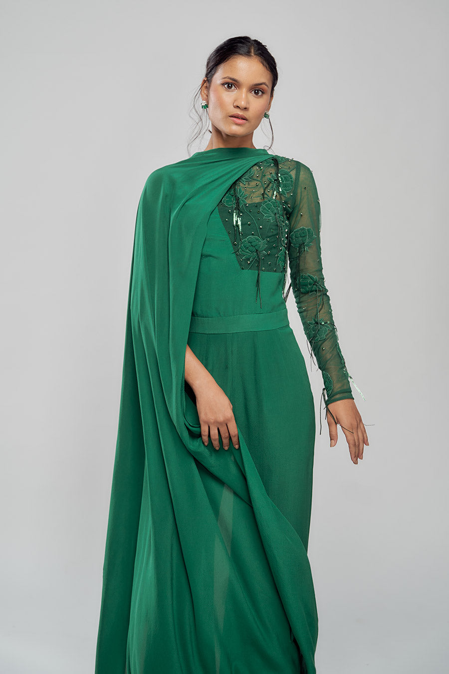 Emerald Drift Green Embellished Drape Jumpsuit