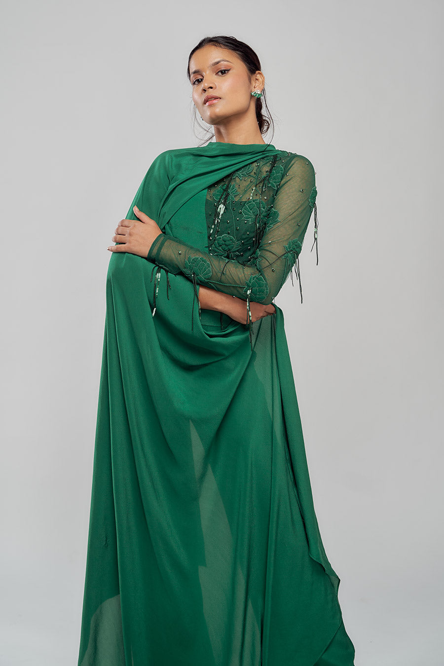 Emerald Drift Green Embellished Drape Jumpsuit