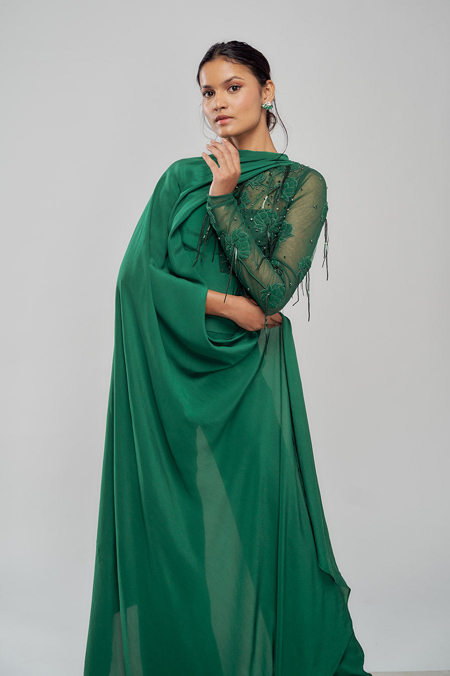 Emerald Drift Green Embellished Drape Jumpsuit