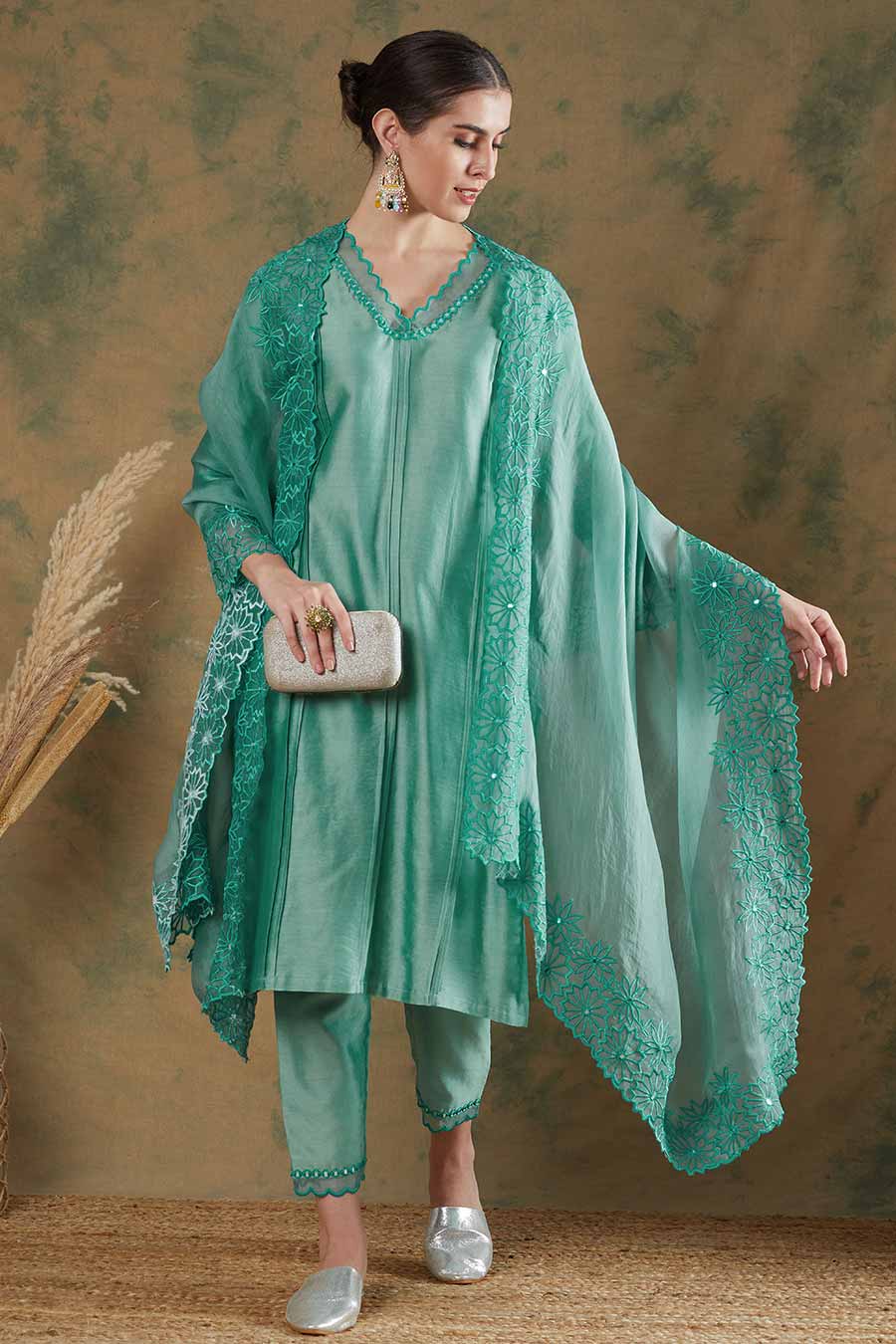 Steel Blue Embroidered Kurta Set