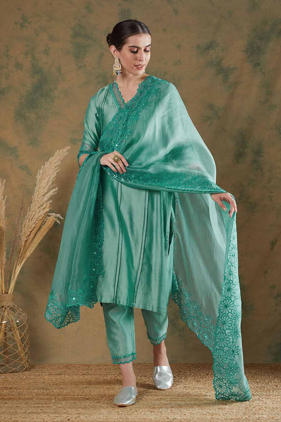 Steel Blue Embroidered Kurta Set
