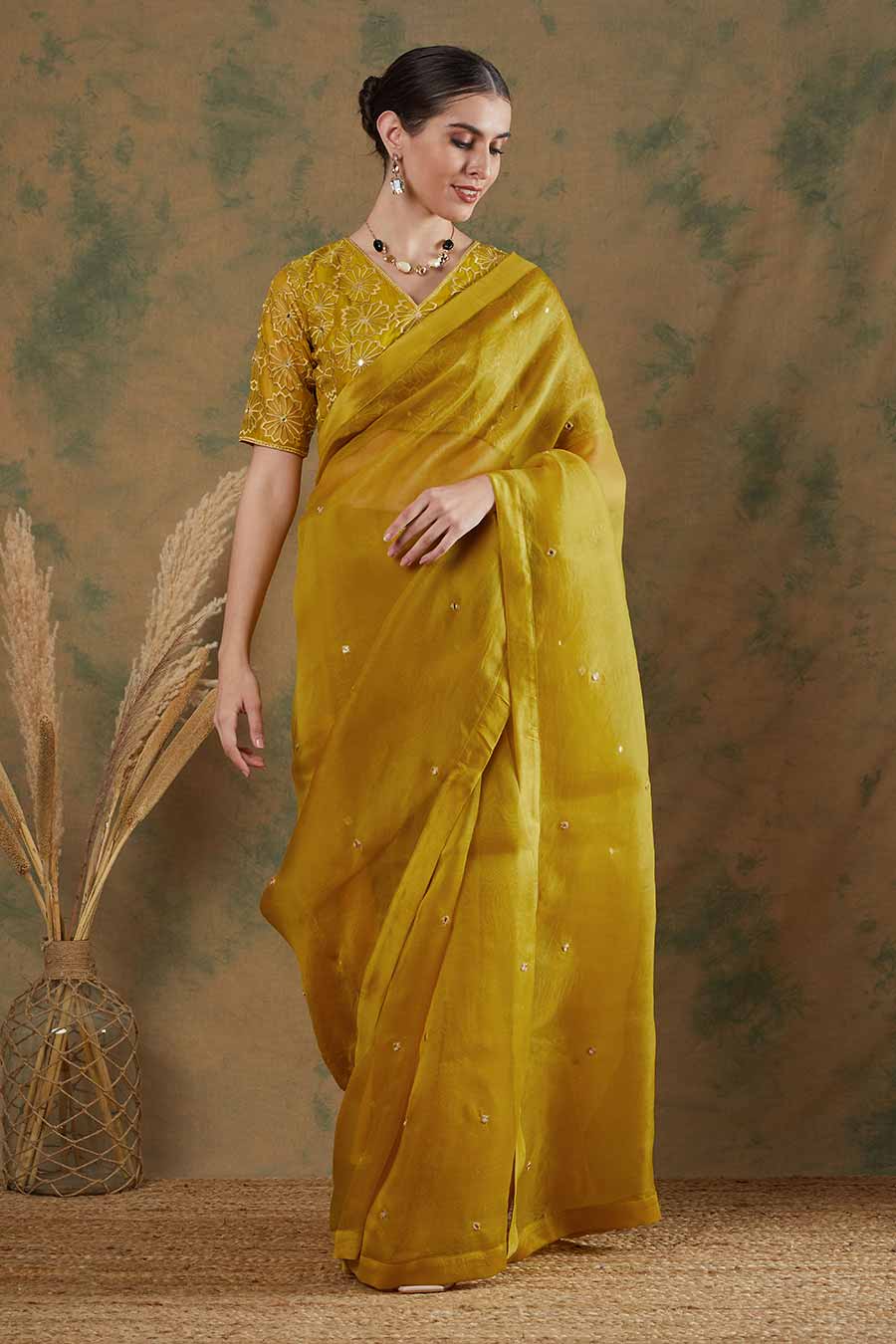 Golden Yellow Embroidered Saree Set