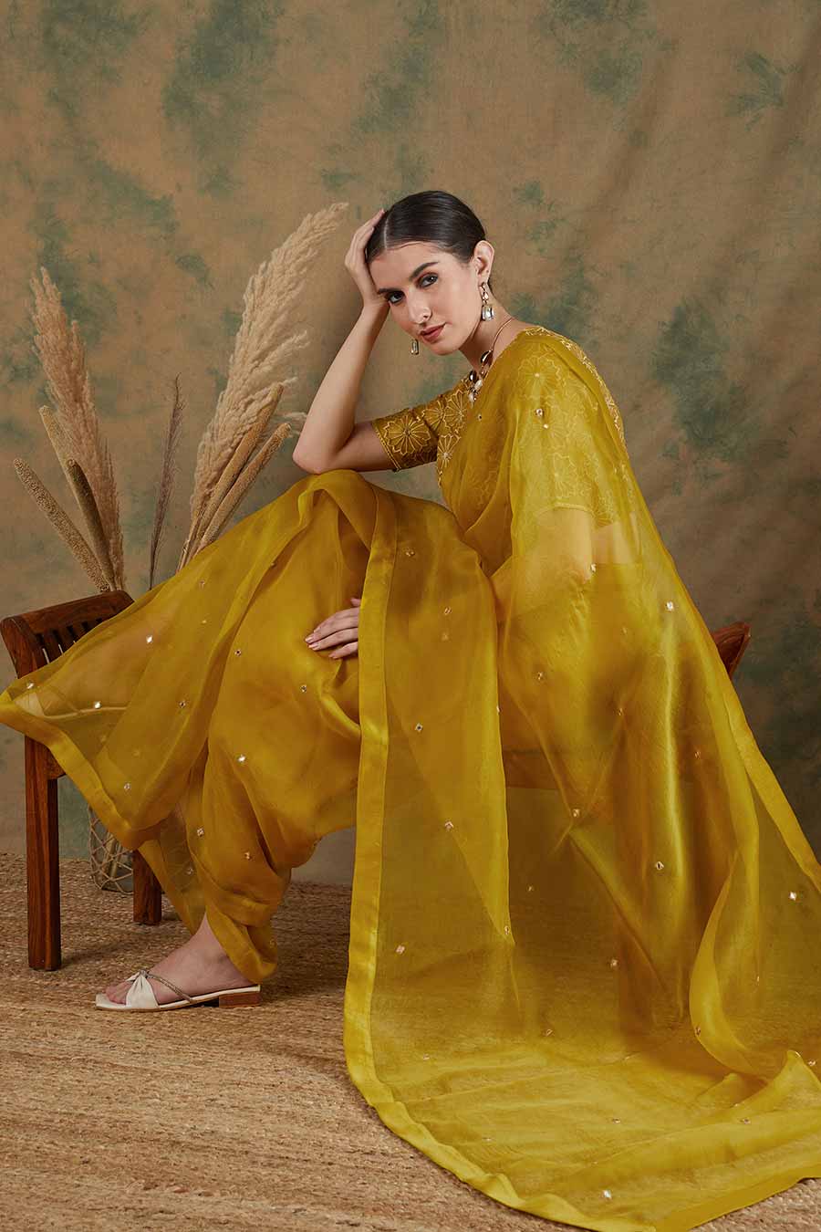 Golden Yellow Embroidered Saree Set