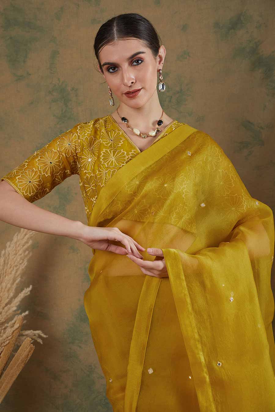 Golden Yellow Embroidered Saree Set