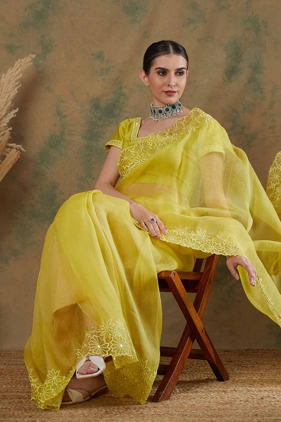 Lime Embroidered Saree Set