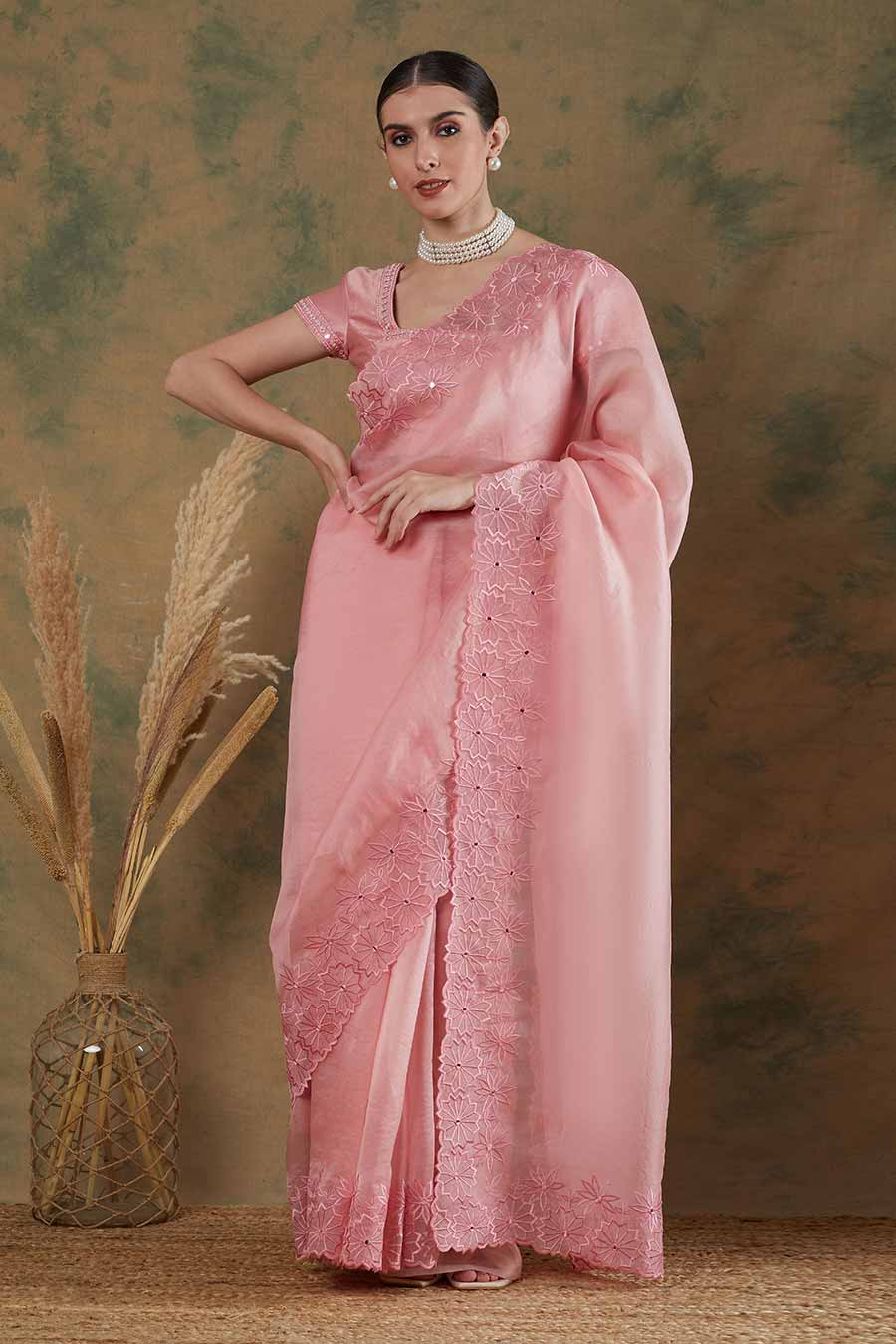 Onion Pink Embroidered Saree Set