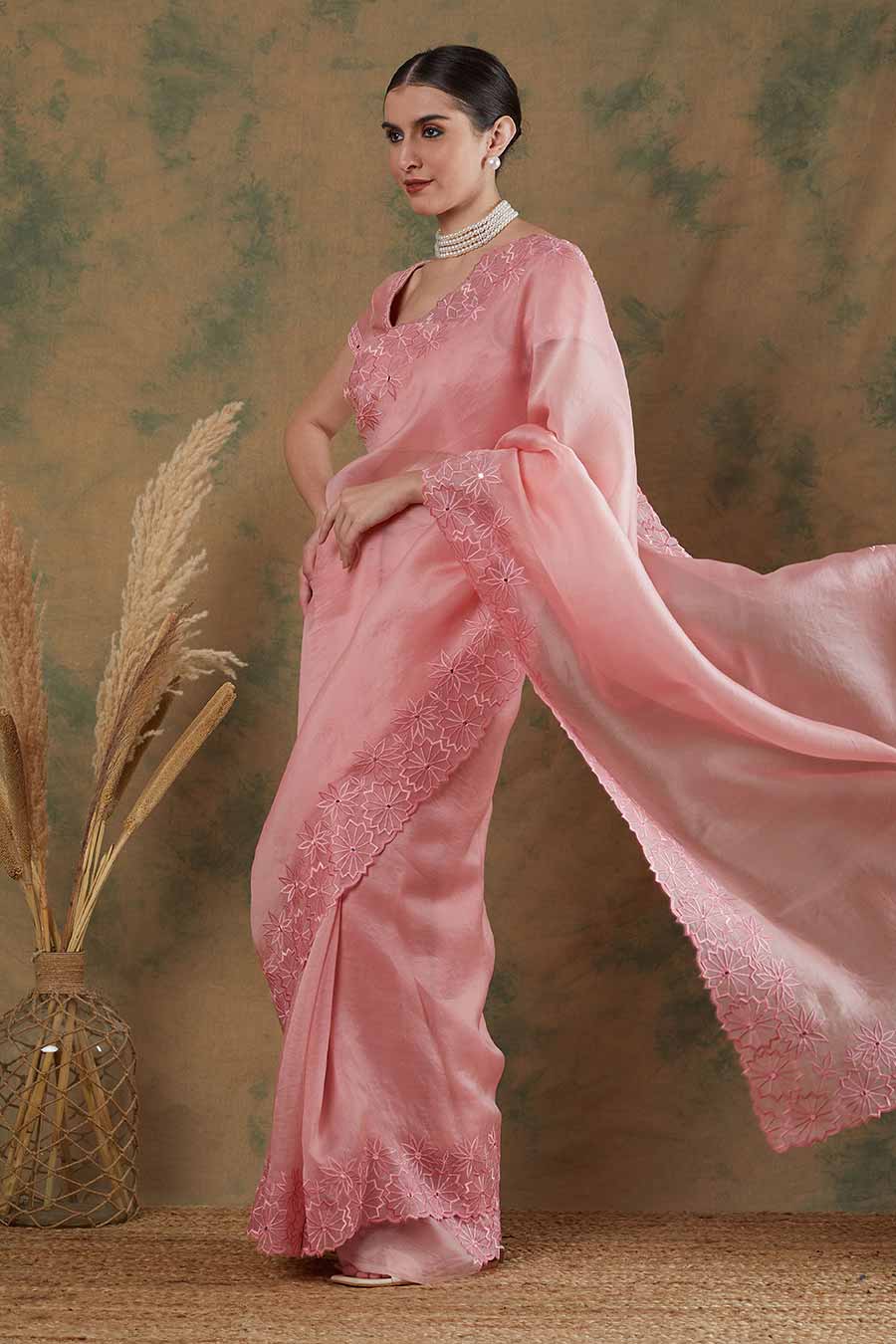 Onion Pink Embroidered Saree Set