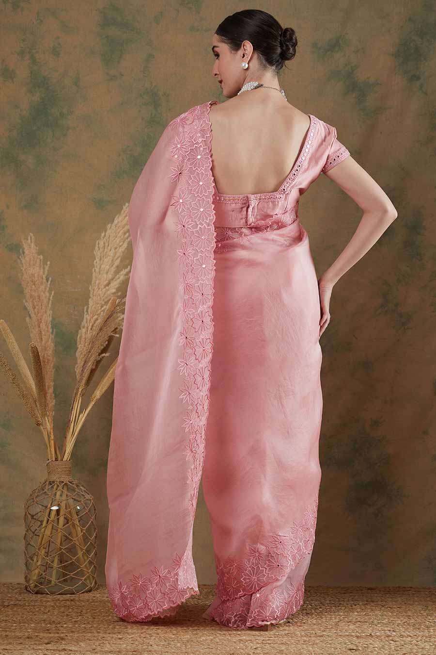 Onion Pink Embroidered Saree Set