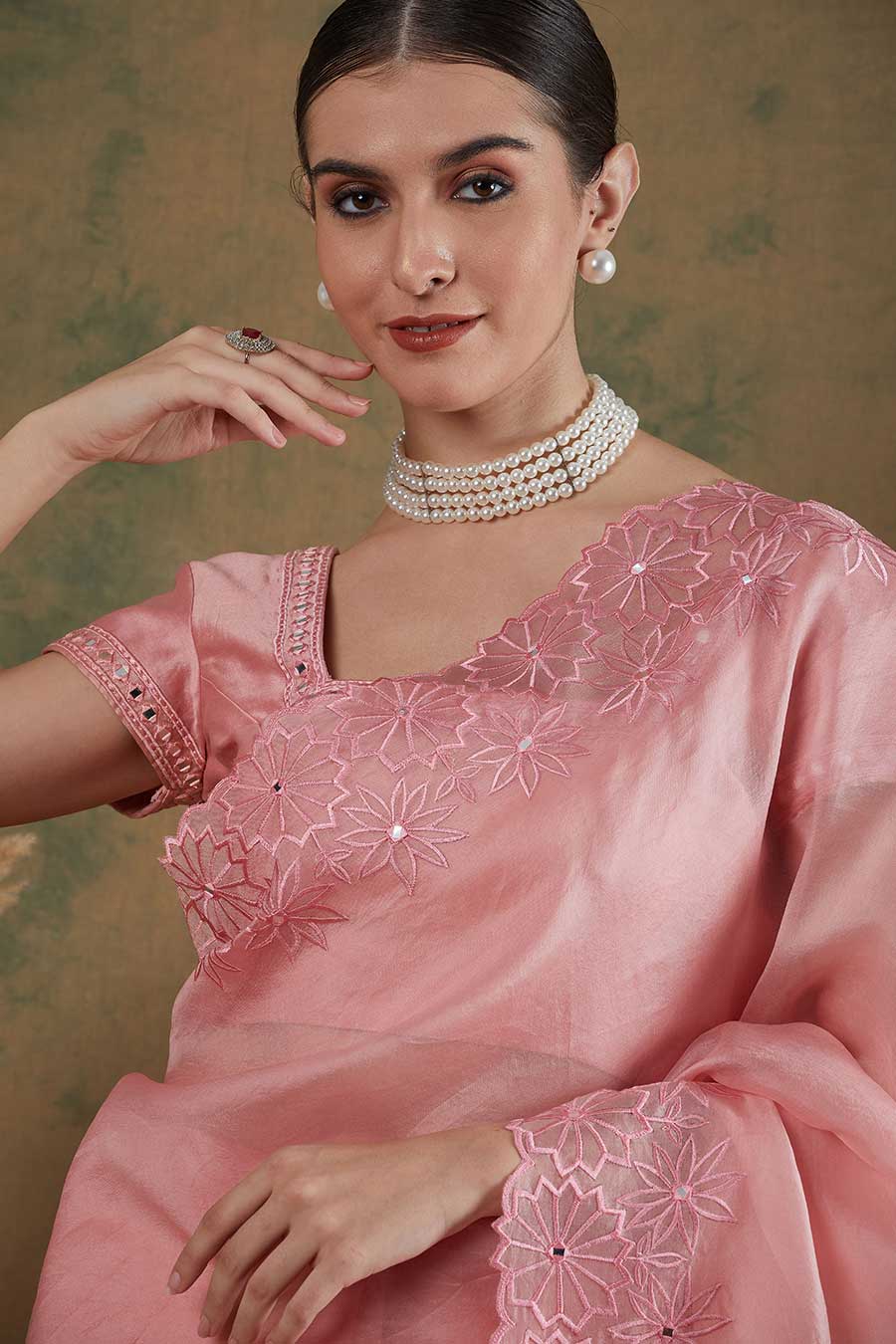 Onion Pink Embroidered Saree Set