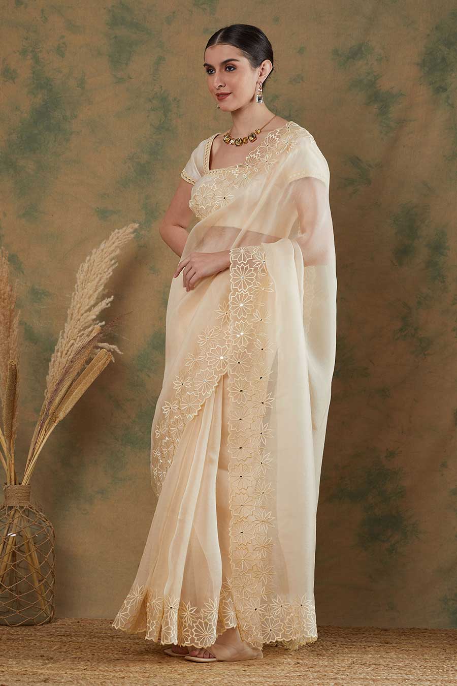 Ivory Embroidered Saree Set