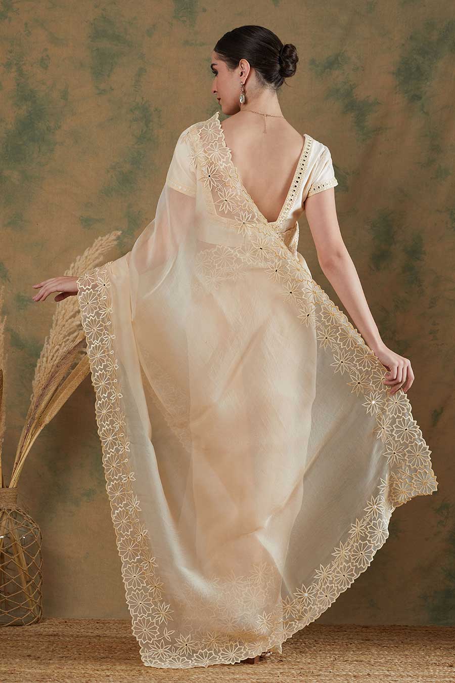 Ivory Embroidered Saree Set