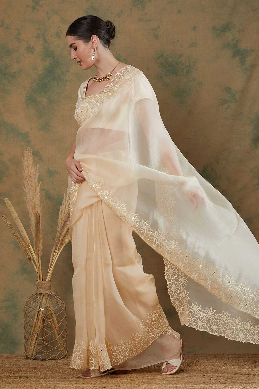 Ivory Embroidered Saree Set