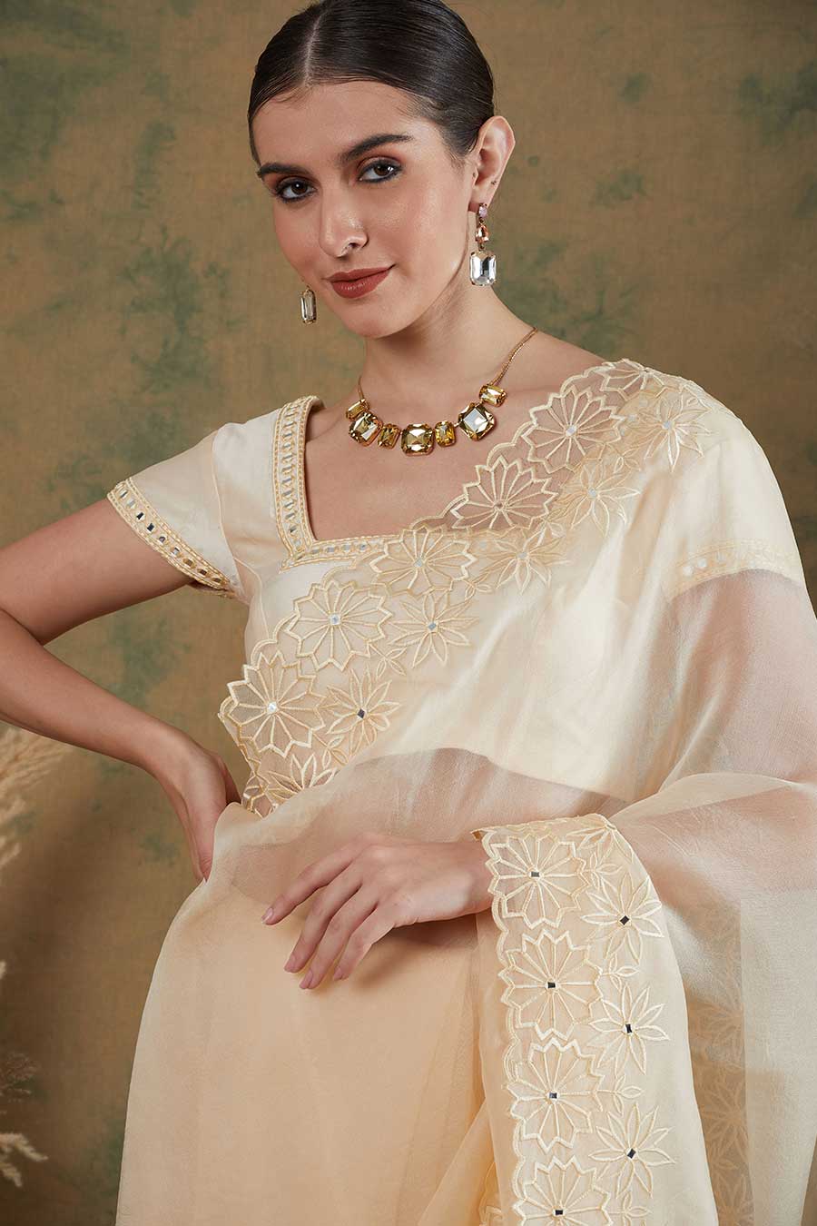 Ivory Embroidered Saree Set