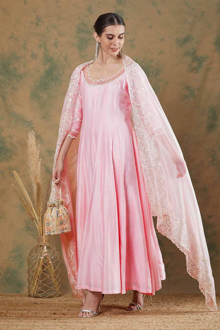 Baby Pink Embroidered Anarkali & Dupatta Set