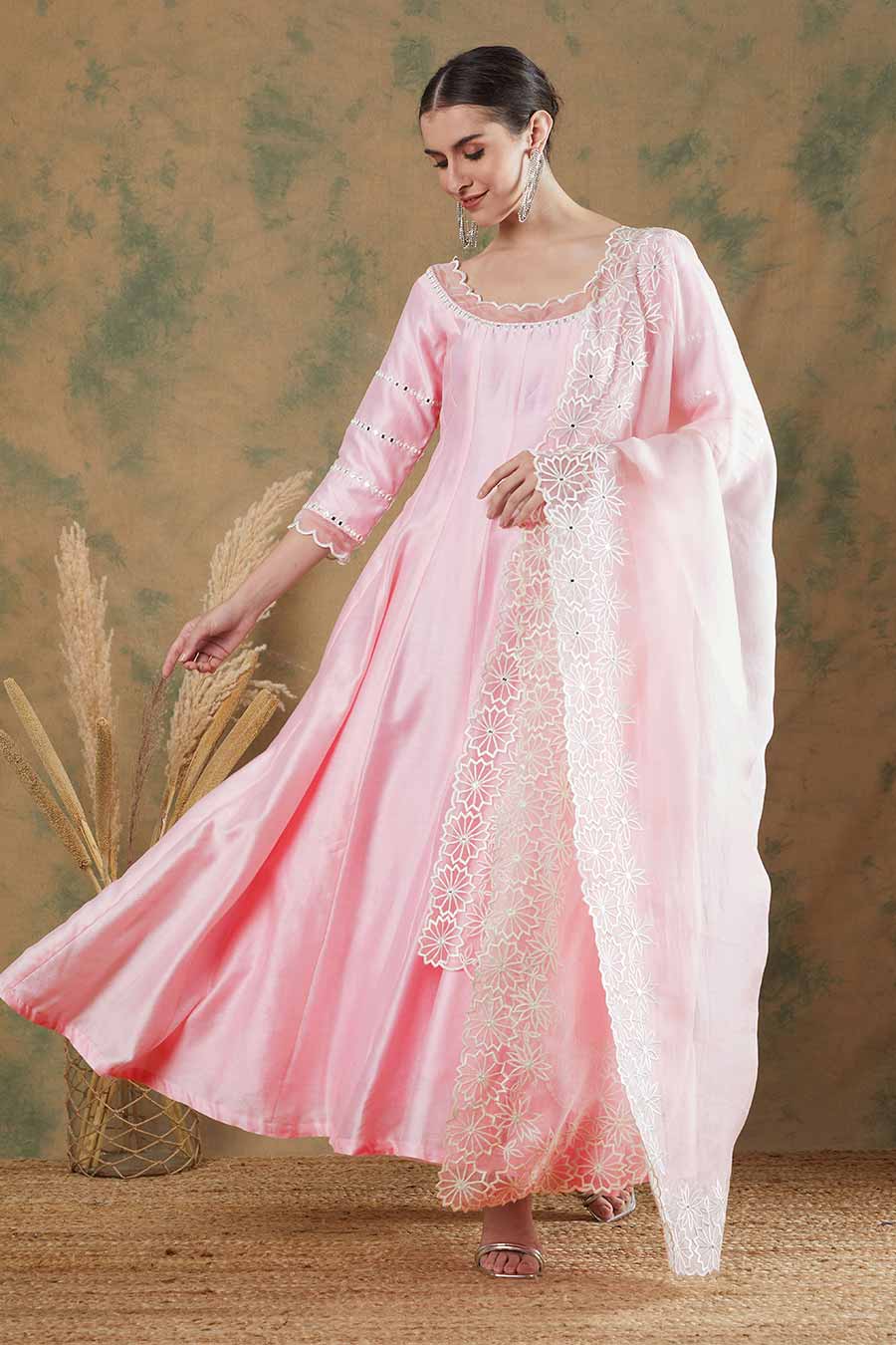 Baby Pink Embroidered Anarkali & Dupatta Set