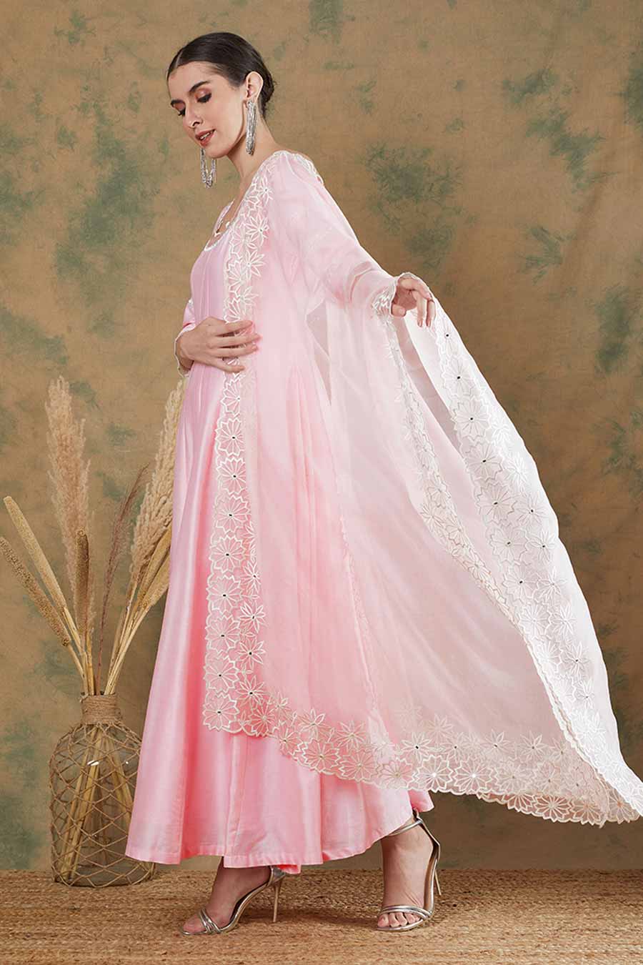 Baby Pink Embroidered Anarkali & Dupatta Set