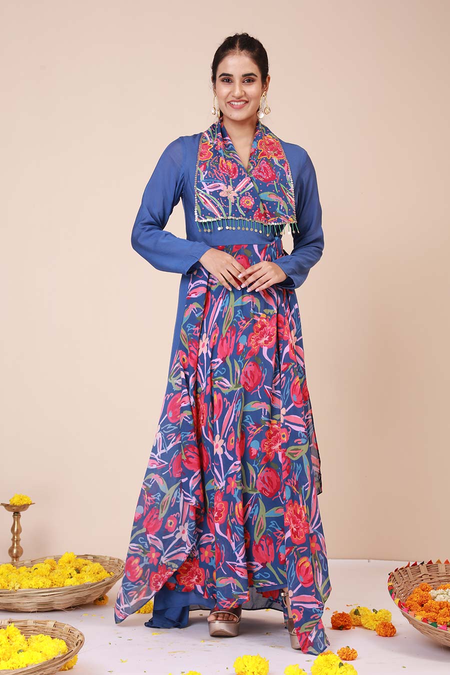 Blue Rose Print Trench Co-Ord Set