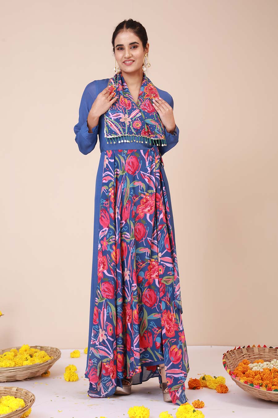 Blue Rose Print Trench Co-Ord Set