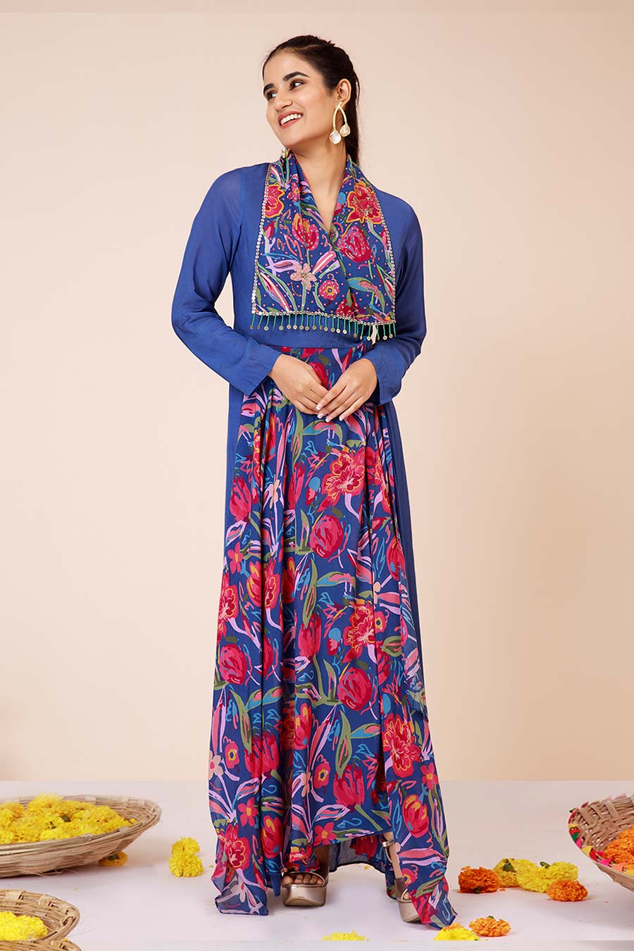 Blue Rose Print Trench Co-Ord Set