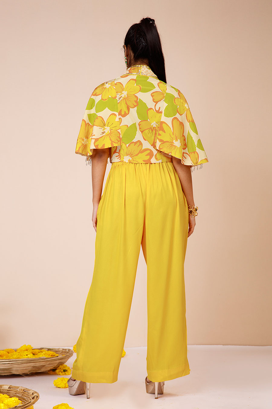 Yellow Sunflower Print Cape Co-Ord Set
