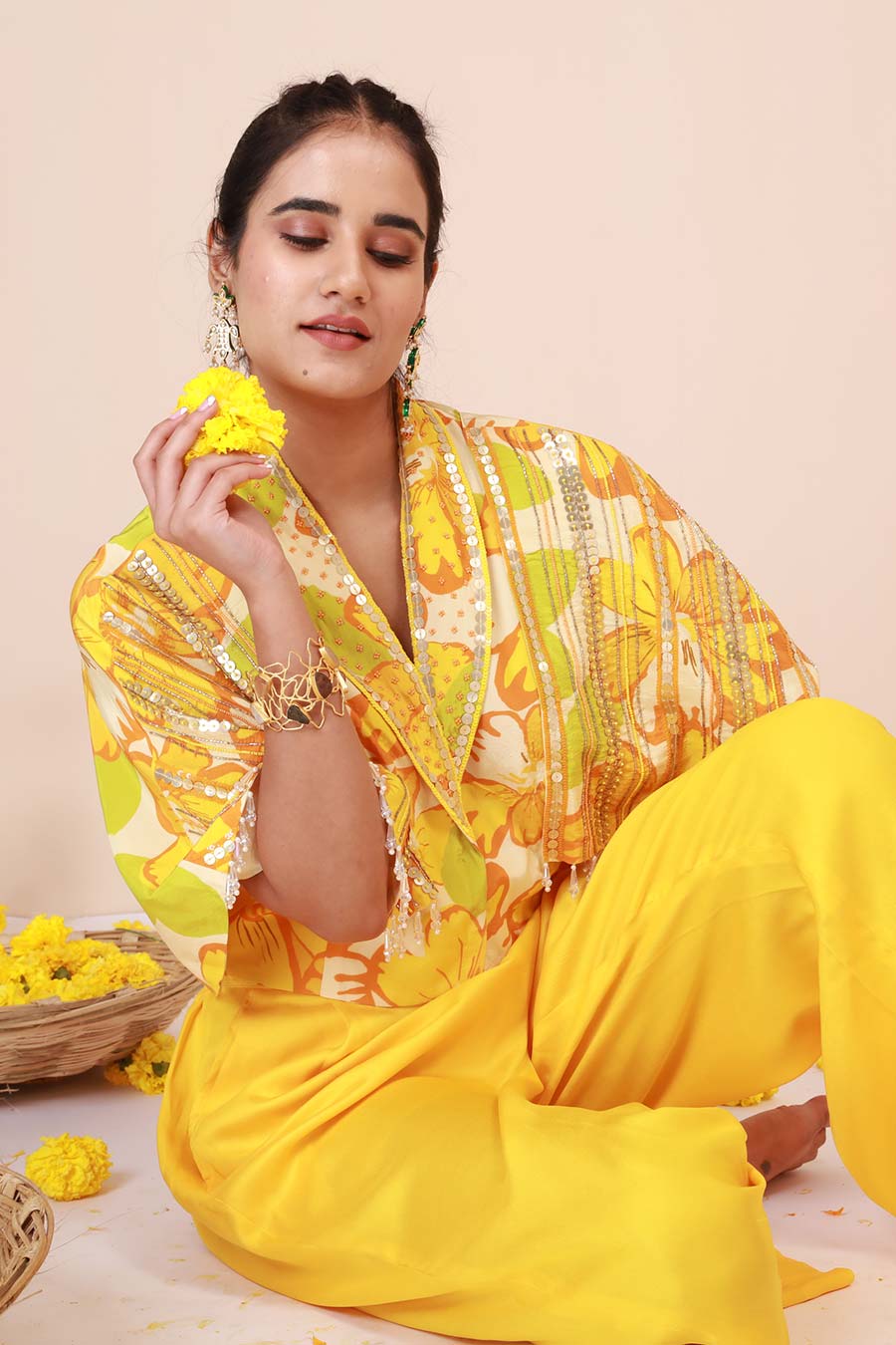 Yellow Sunflower Print Cape Co-Ord Set