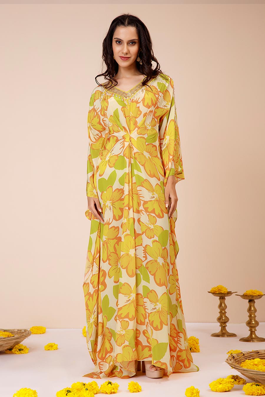 Yellow Sunflower Print Kaftan Dress