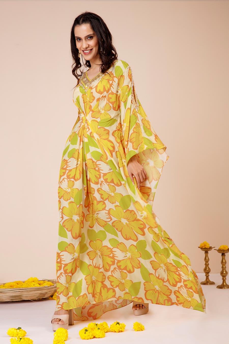 Yellow Sunflower Print Kaftan Dress