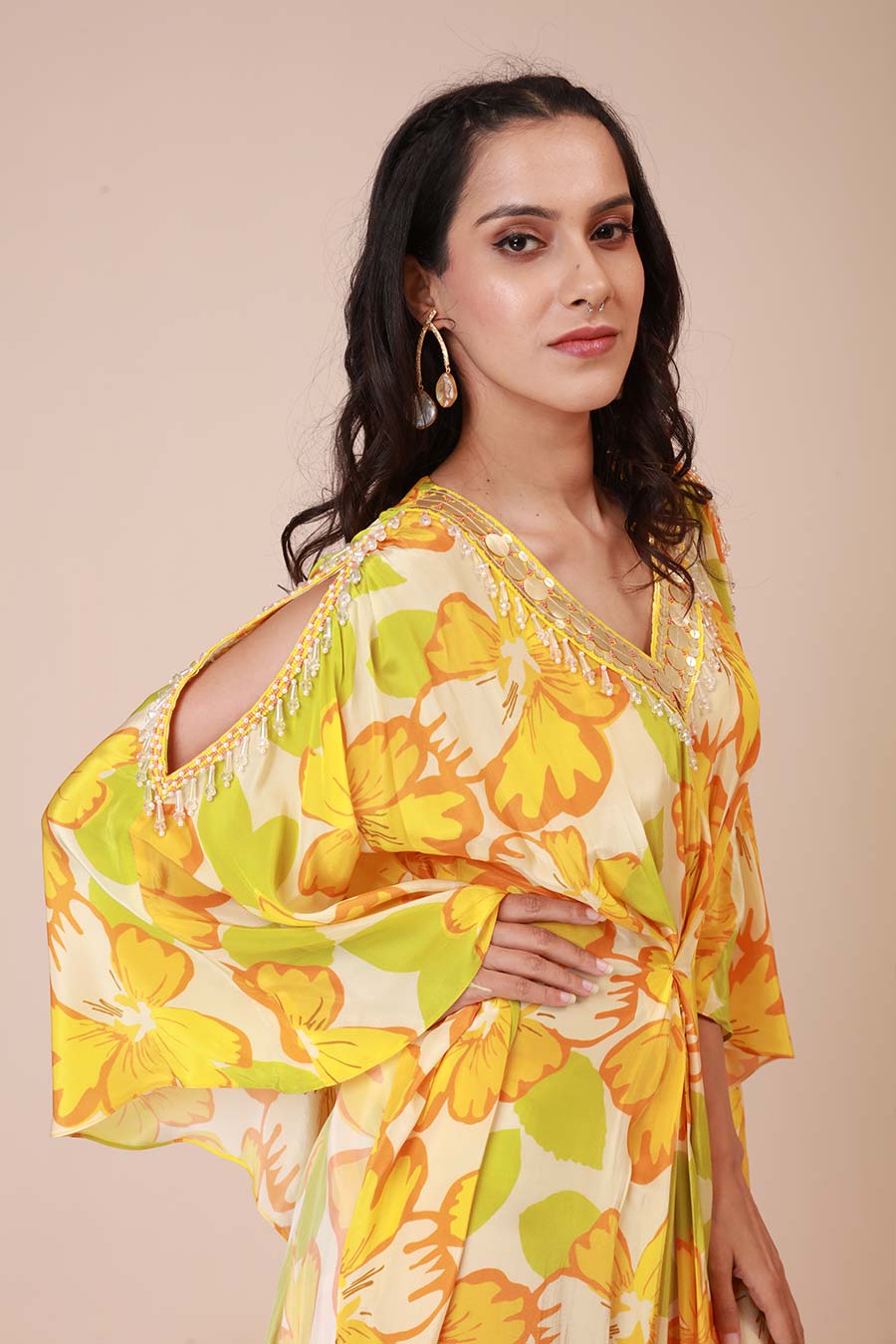 Yellow Sunflower Print Kaftan Dress