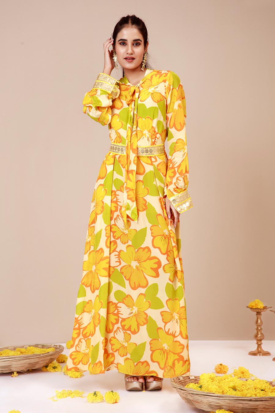 Yellow Sunflower Print Tie-Up Dress