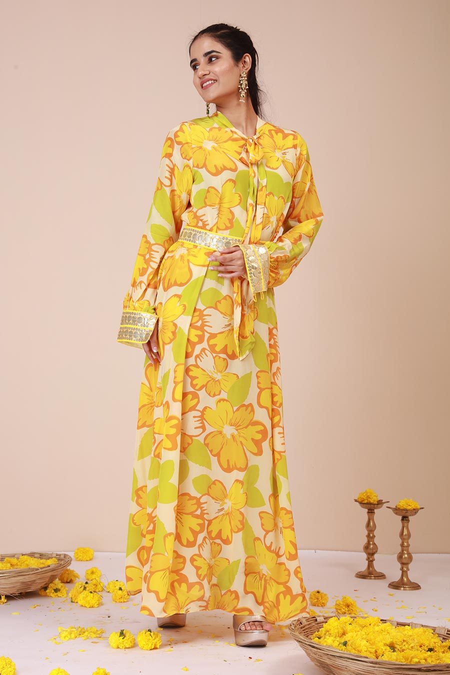 Yellow Sunflower Print Tie-Up Dress