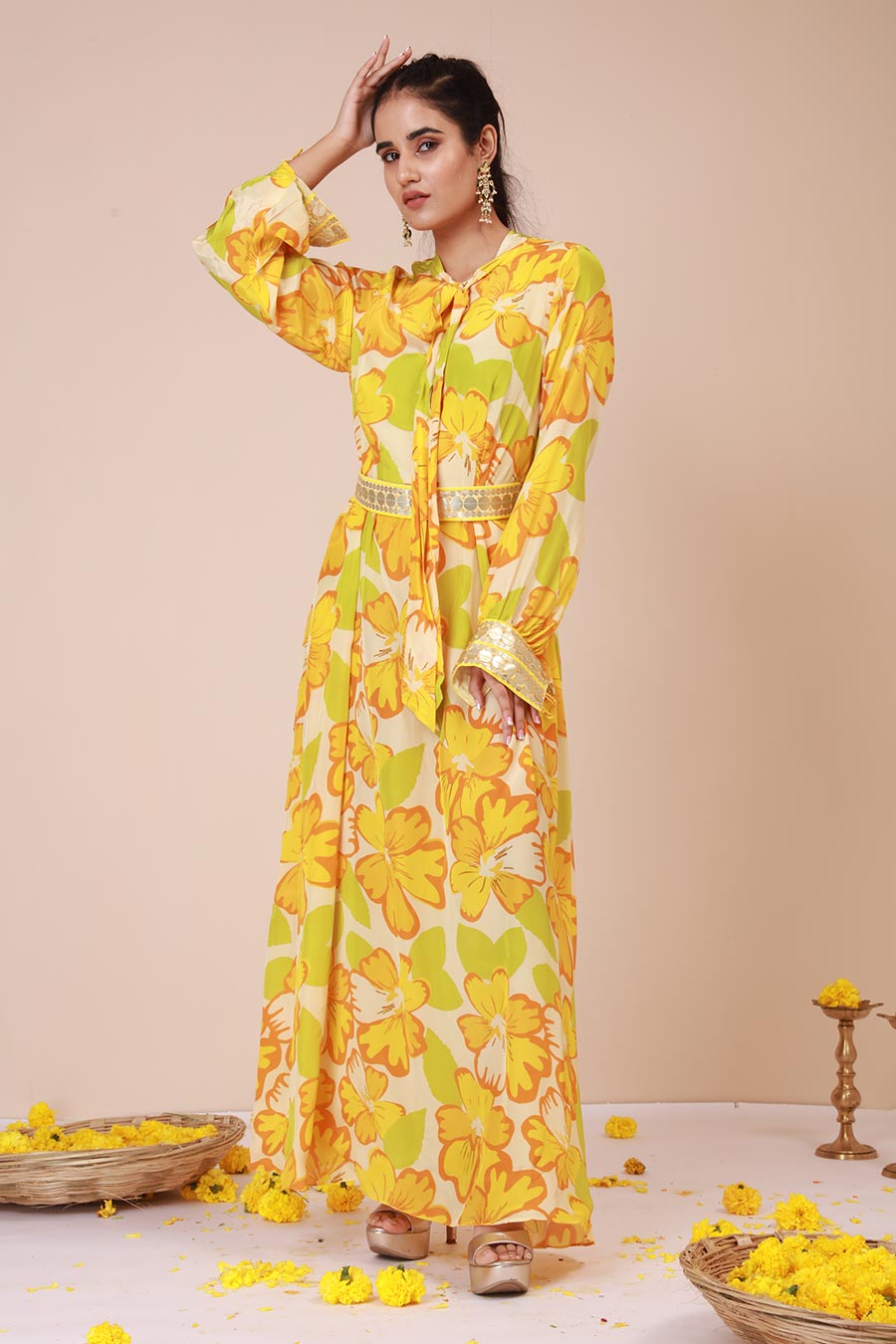 Yellow Sunflower Print Tie-Up Dress