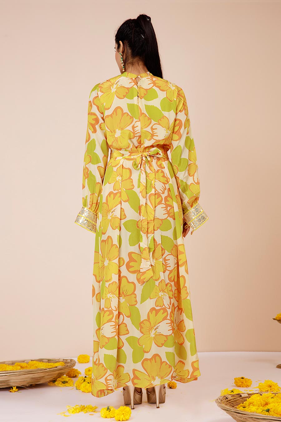 Yellow Sunflower Print Tie-Up Dress