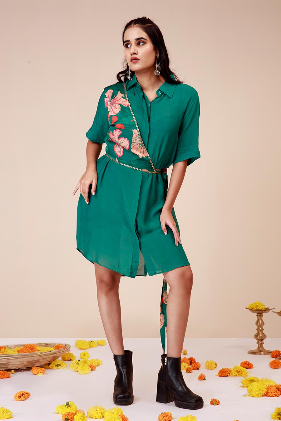Green Hibiscus Print Dress & Harness Set