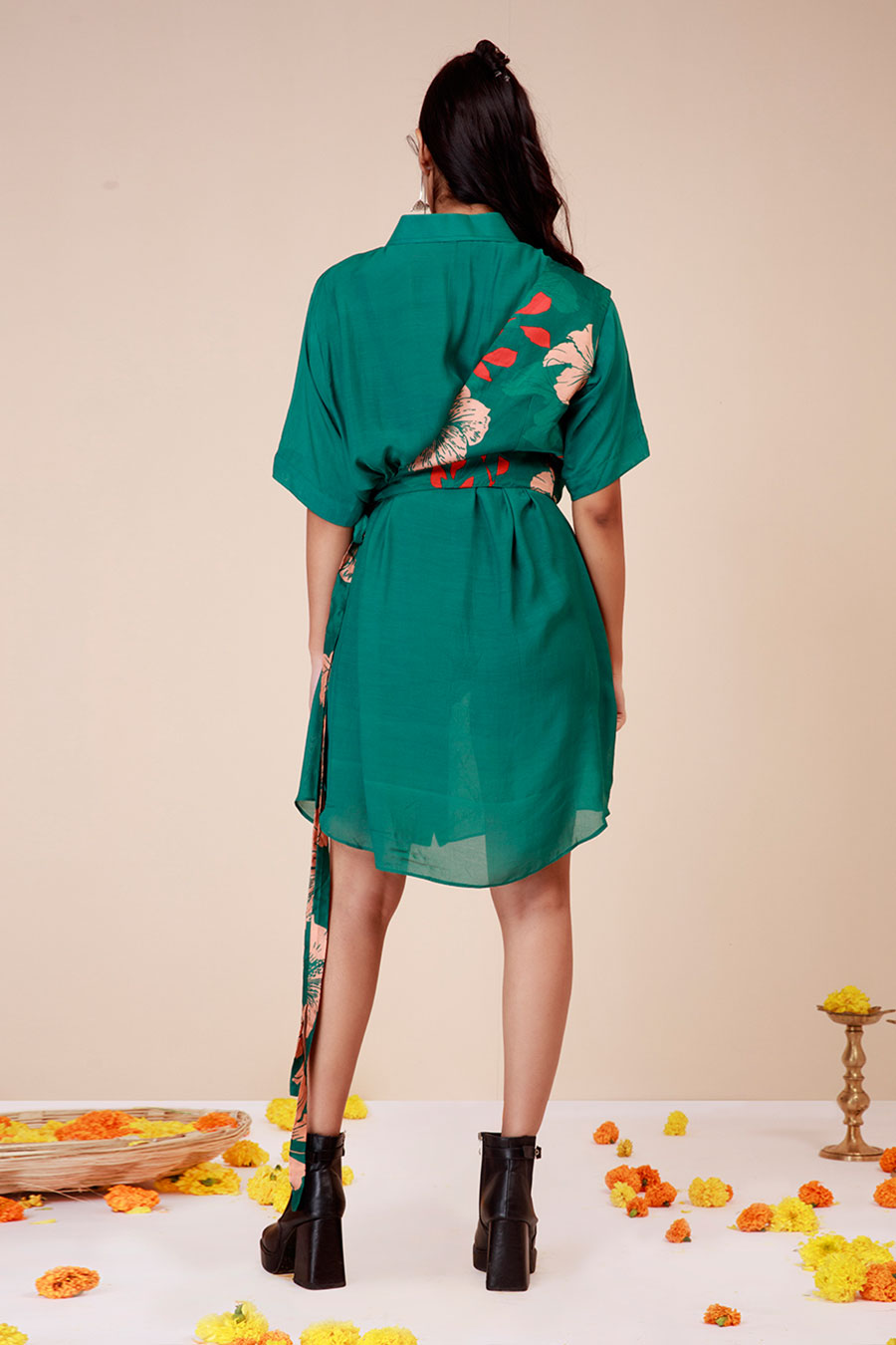 Green Hibiscus Print Dress & Harness Set