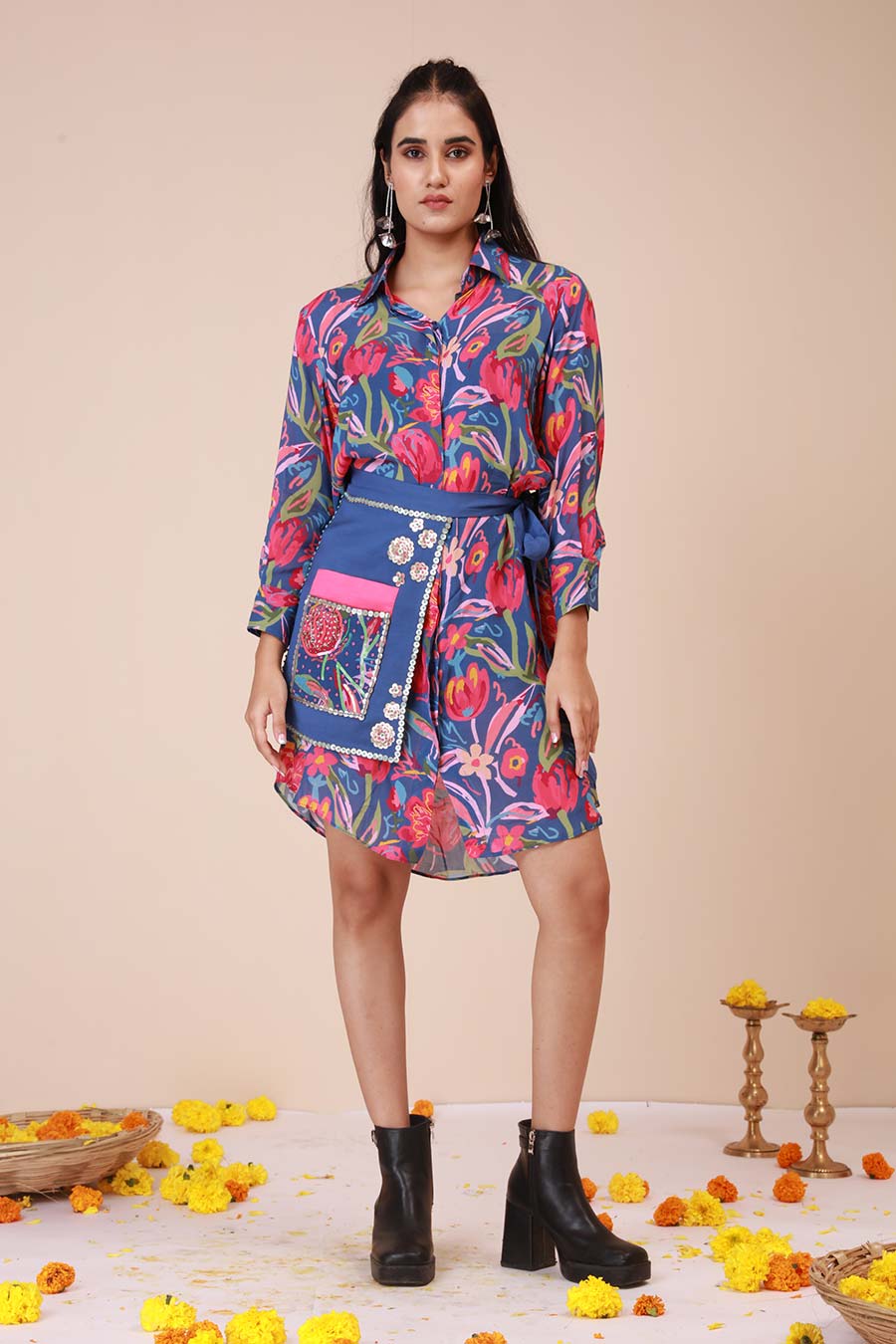 Blue Rose Print Dress & Harness Set