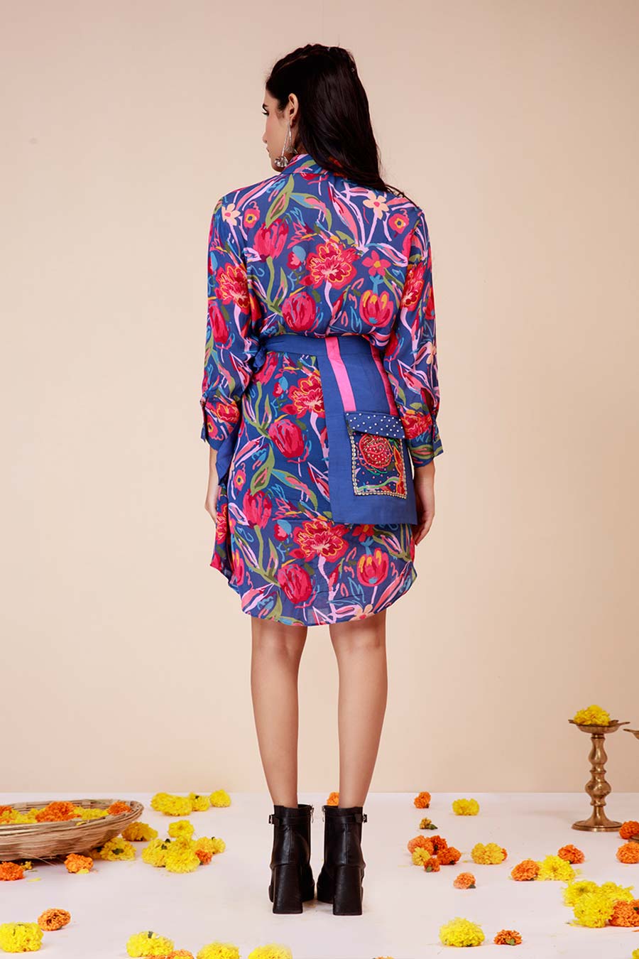 Blue Rose Print Dress & Harness Set