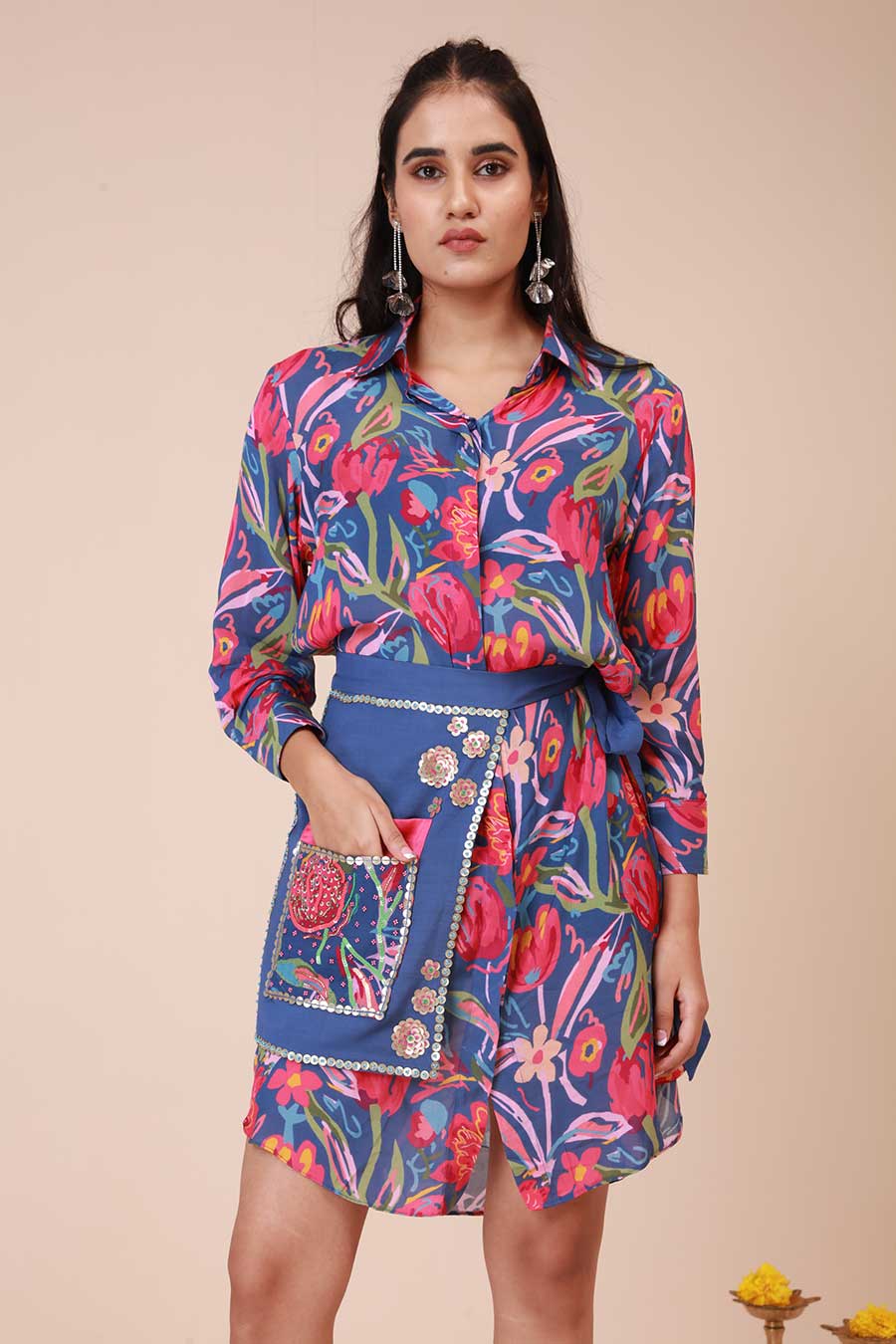 Blue Rose Print Dress & Harness Set