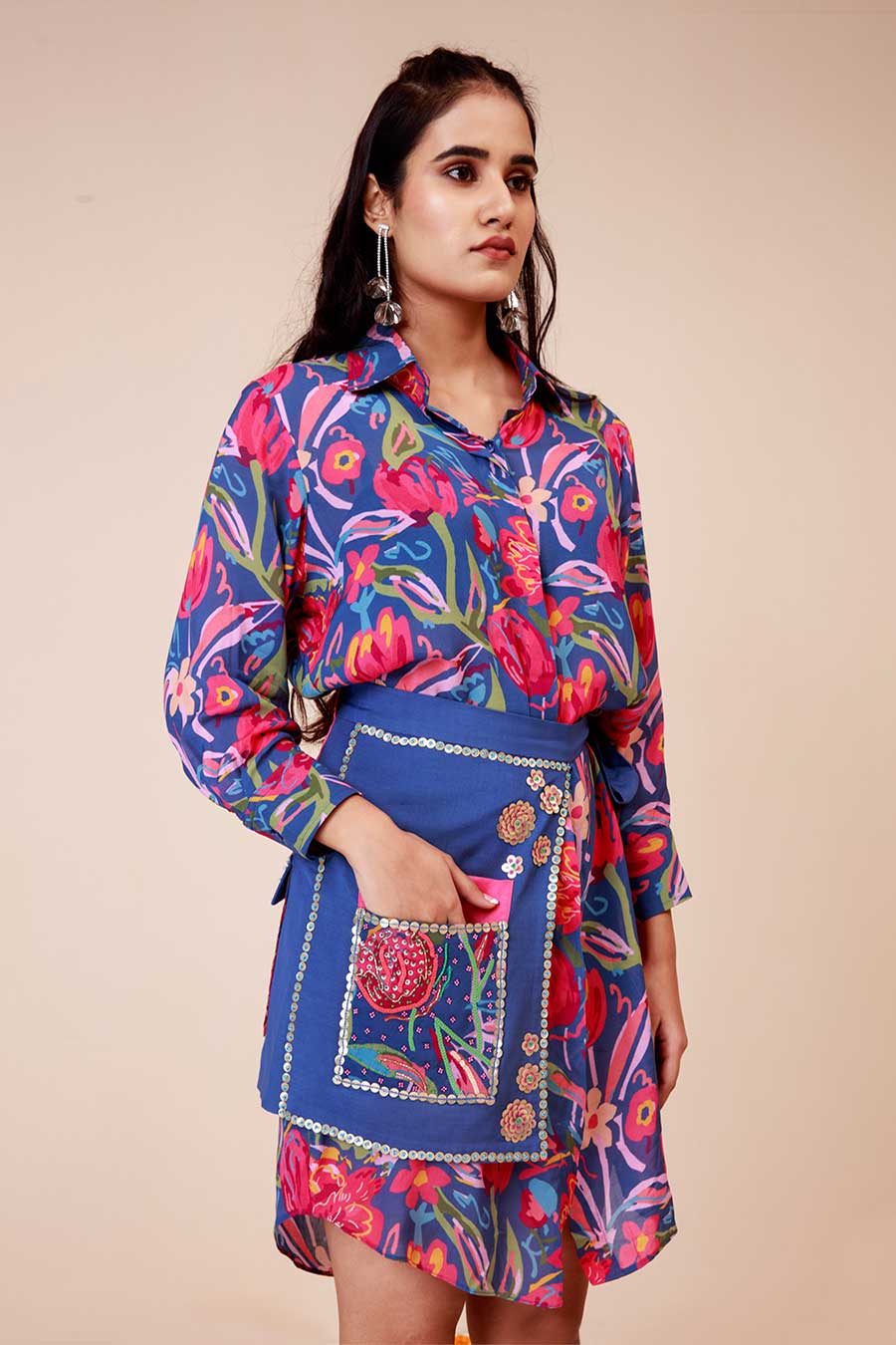 Blue Rose Print Dress & Harness Set